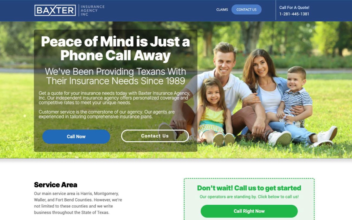 Homepage of the Baxter Insurance Agency website