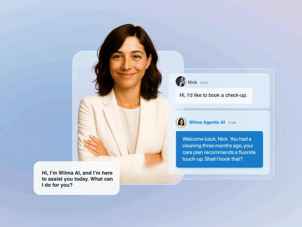 Wilma AI voice assistant chat helping a caller book a check-up appointment